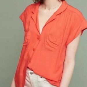 💚Anthropologie Maeve Orange Button Down Short Sleeve Top